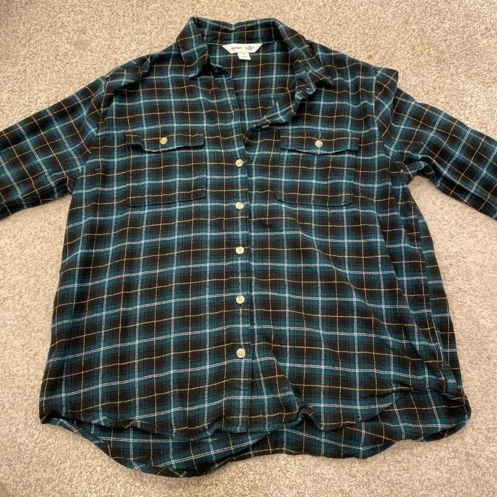 Old Navy Blue and Black Plaid Shirt